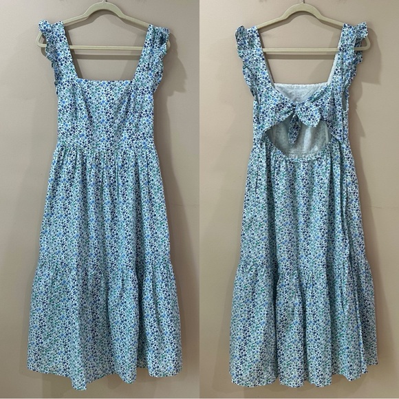 J.Crew Blue Floral Tiered Smocked Midi Dress Tie-Back Cutout Women’s Size 6 - Picture 2 of 8